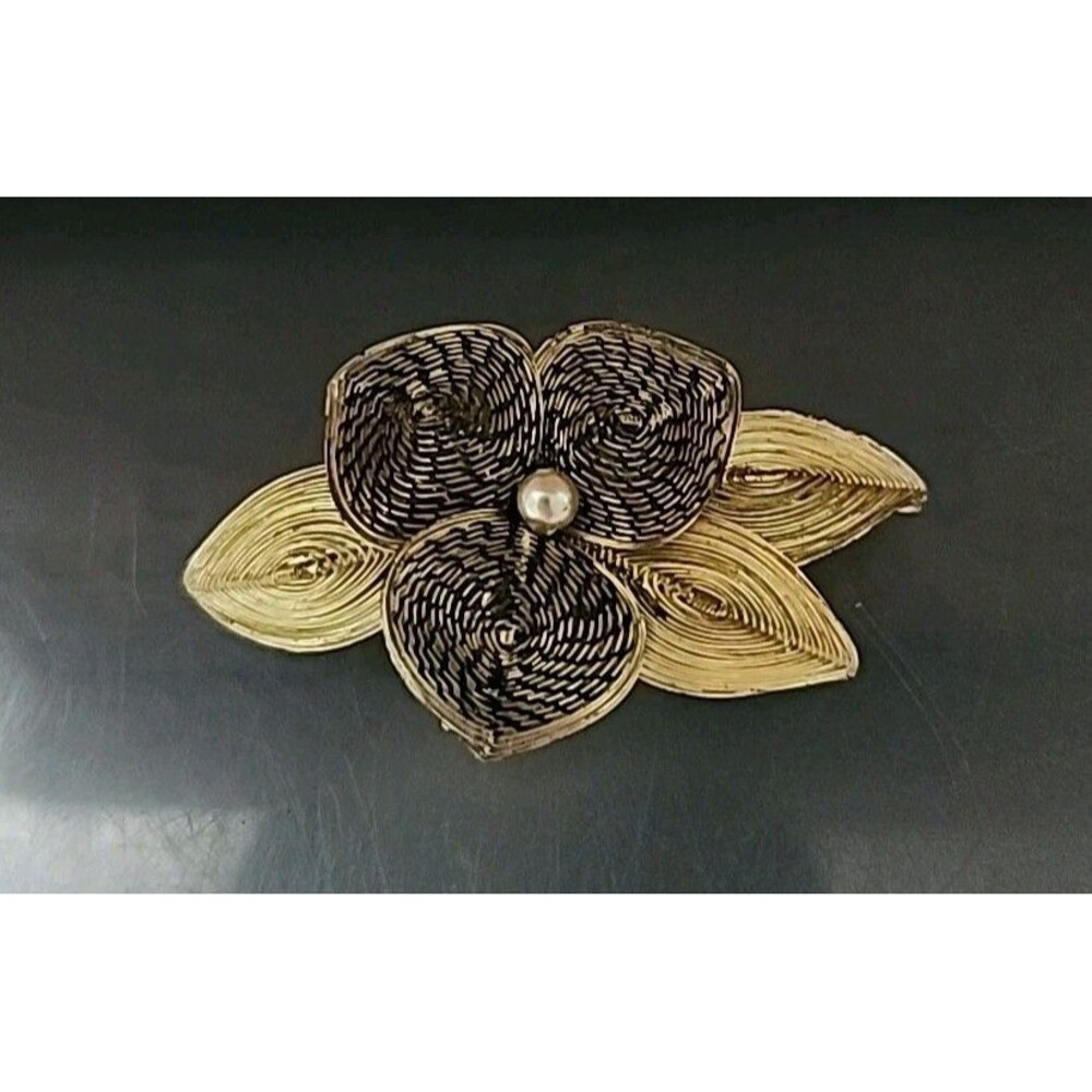 West Germany Vintage 50's GP Spun Wire Flower Brooch Filigree Faux Pearl 2.25"